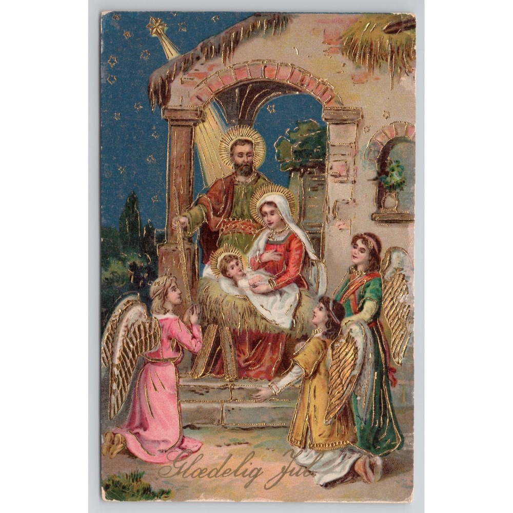 Vtg Norway Christmas Postcard c.1919 Glaedelig Jul Embossed Nativity Tomte Stamp